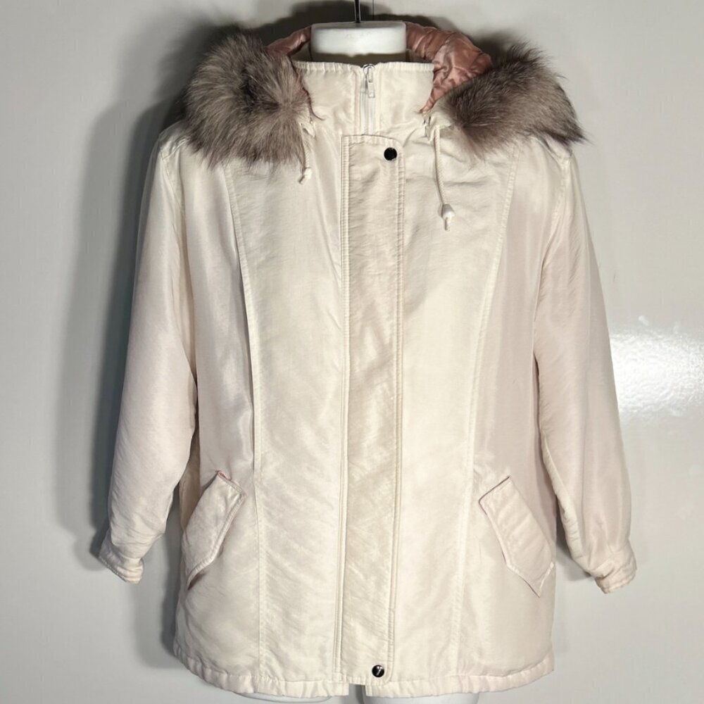 J G Hook Vintage SZ6 Ivory Hooded 70's Jacket Fur Trim Warm Utility Essential 80